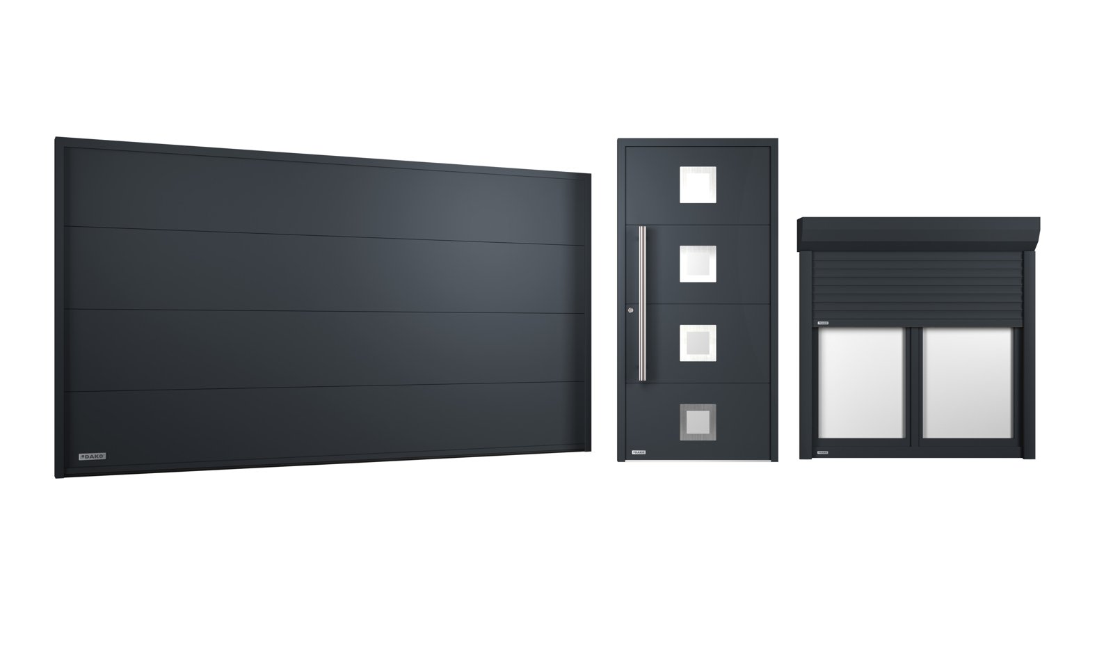 Keira set: grey garage door, front door and roller shutter window